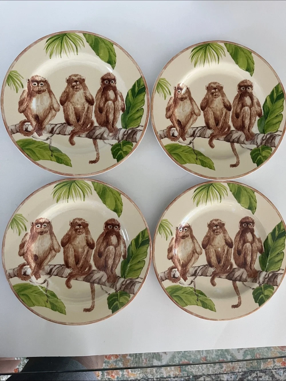 American Atelier Three monkeys porcelain salad plates hear see speak no evil 8”
